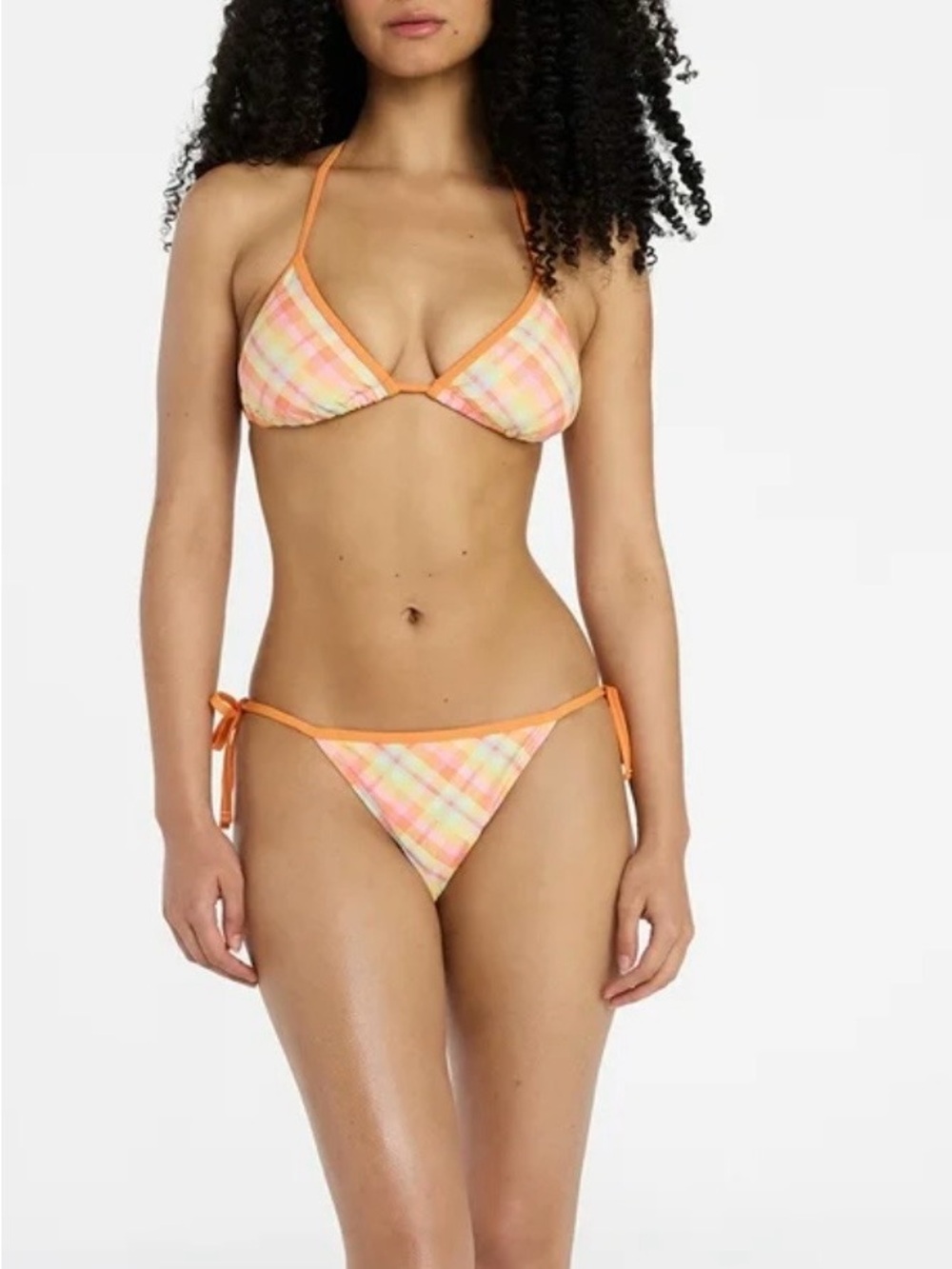 No Boundaries Orange Plaid Triangle Bikini Set